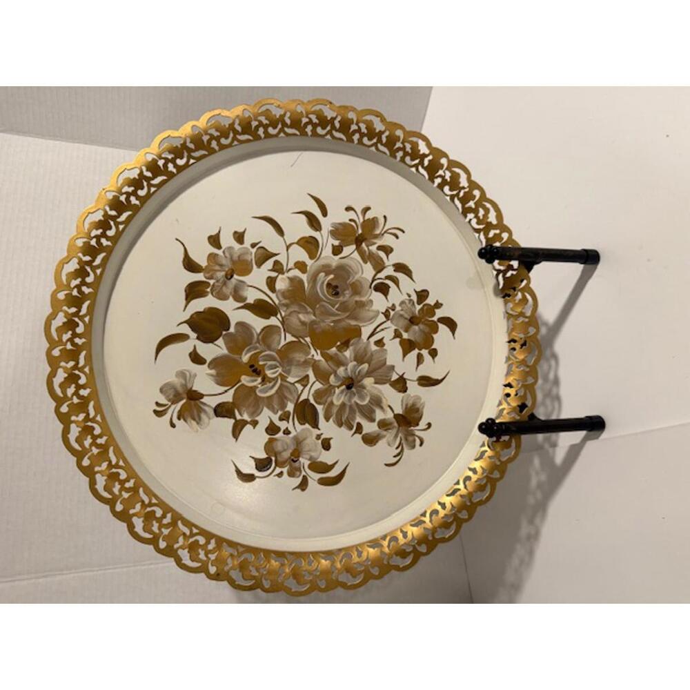 VINTAGE MIDCENTURY NASHCO HAND-PAINTED FLORAL METAL TOLE TRAY GOLD FILIGREE EDGE